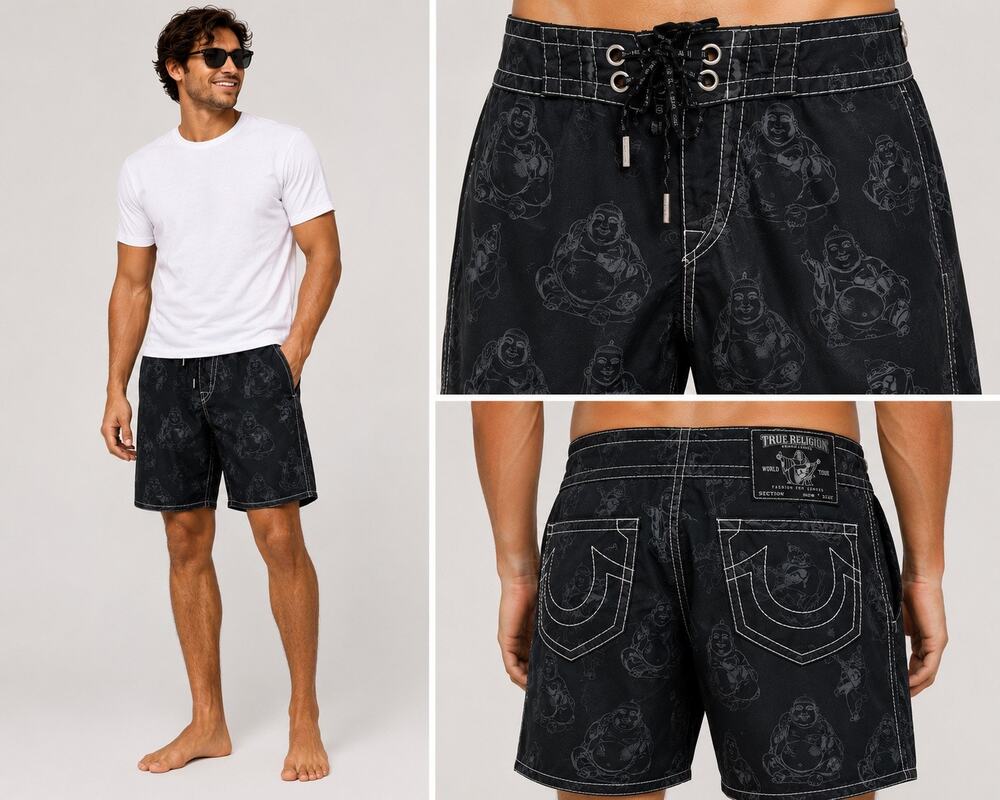 True Religion Buddha Print Board Shorts Men’s 32 Black Surf Swim Trunks Y2K